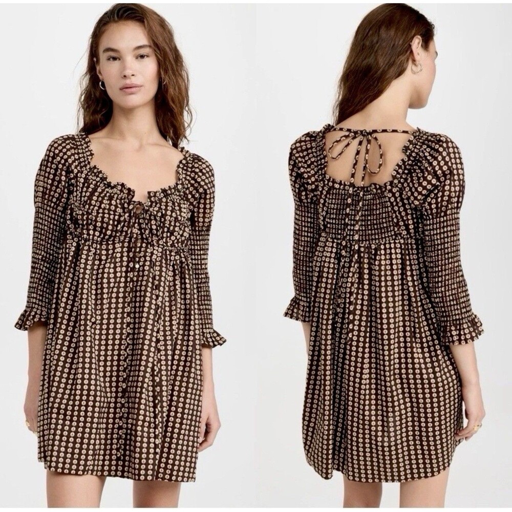 Free People Star Dip 3/4 Sleeve Mini Dress Black Brown Combo Size S Boho Cottage